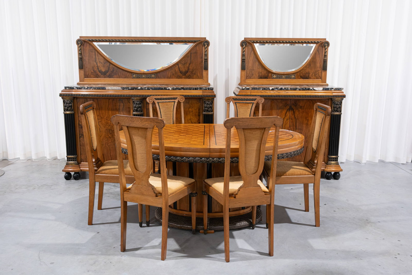 An art deco veneer wood and brass mounted dining room set (1 of 15)
