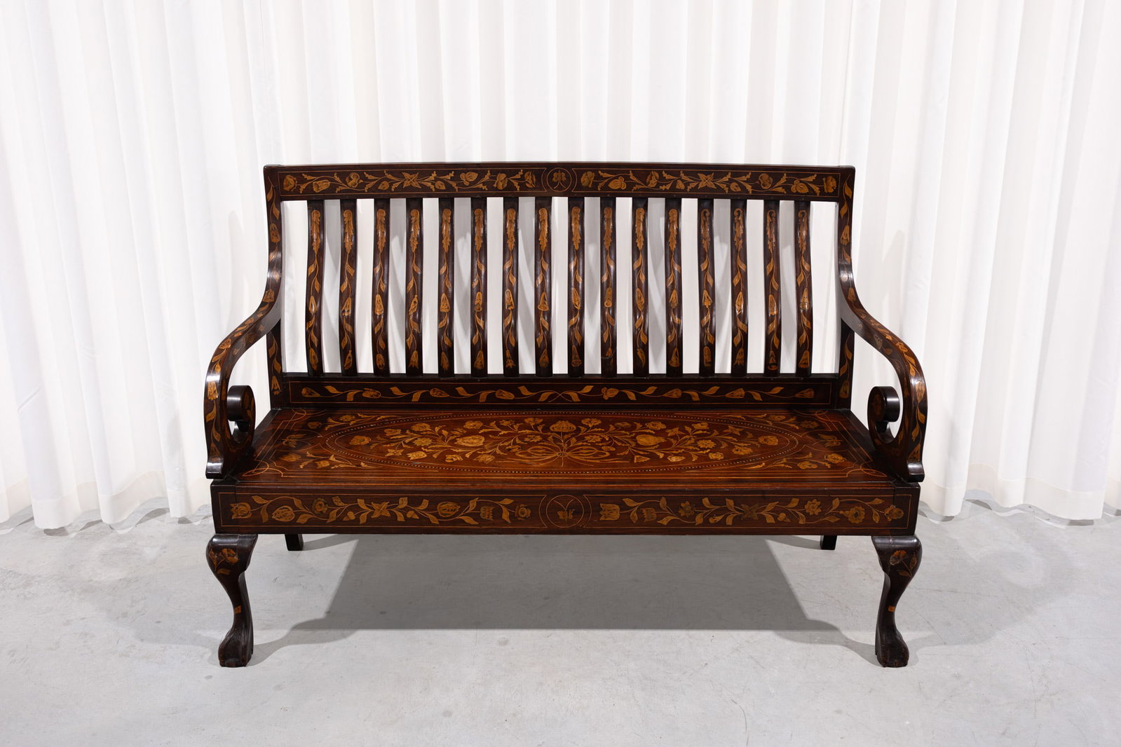 A large and antique Dutch wooden hall bench decorated with fine floral marquetry (1 of 7)