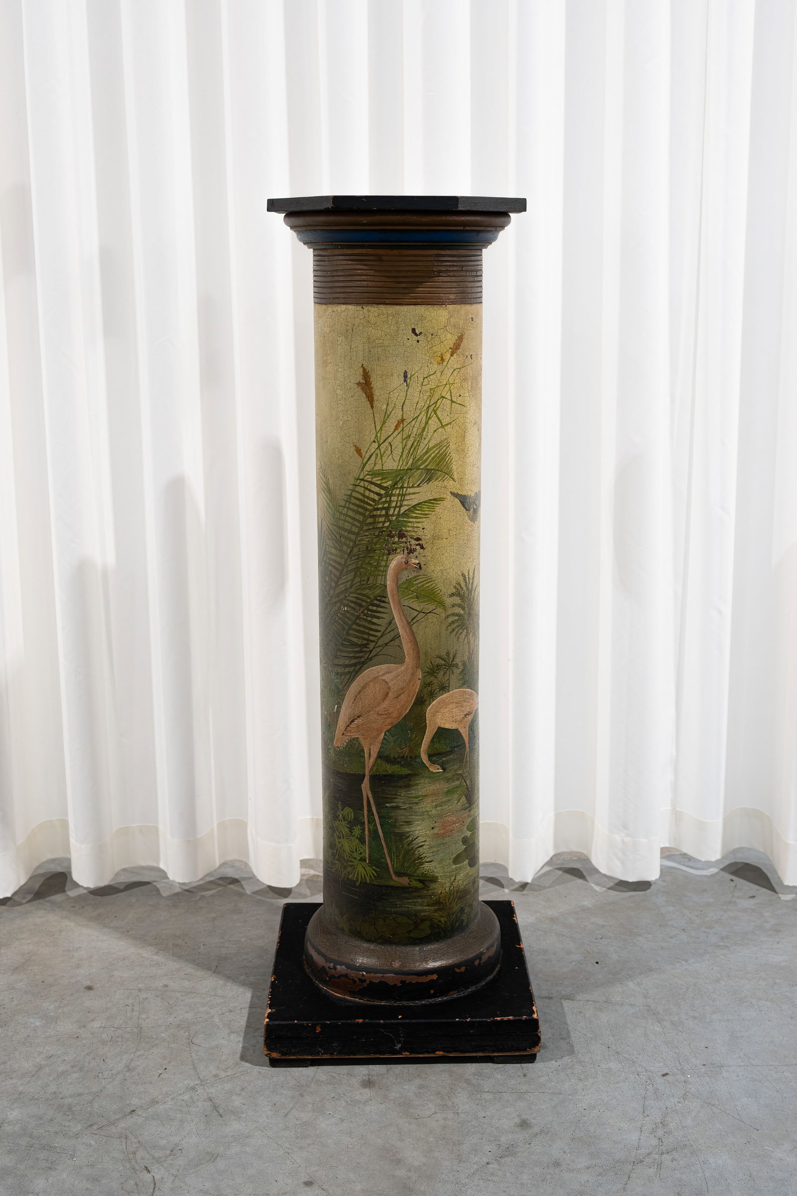 An antique hand-painted terracotta pedestal decorated with flamingos (1 of 7)