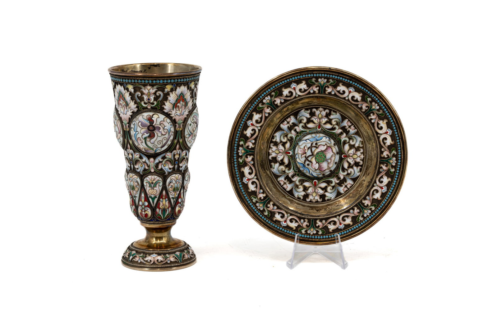 An antique Russian silver and enamel finely decorated vase and matching dish (1 of 13)