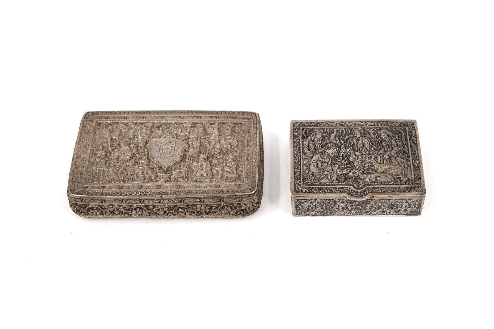 A composed lot of two antique Persian silver finely engraved and decorated boxes (1 of 12)