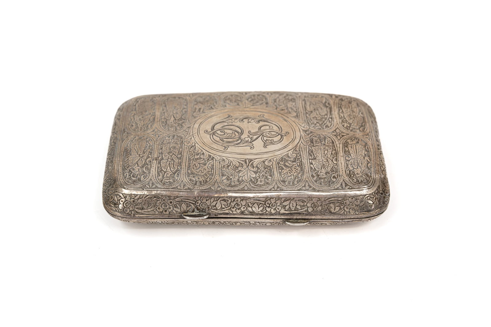 A large and antique Persian silver finely engraved and decorated box (1 of 8)