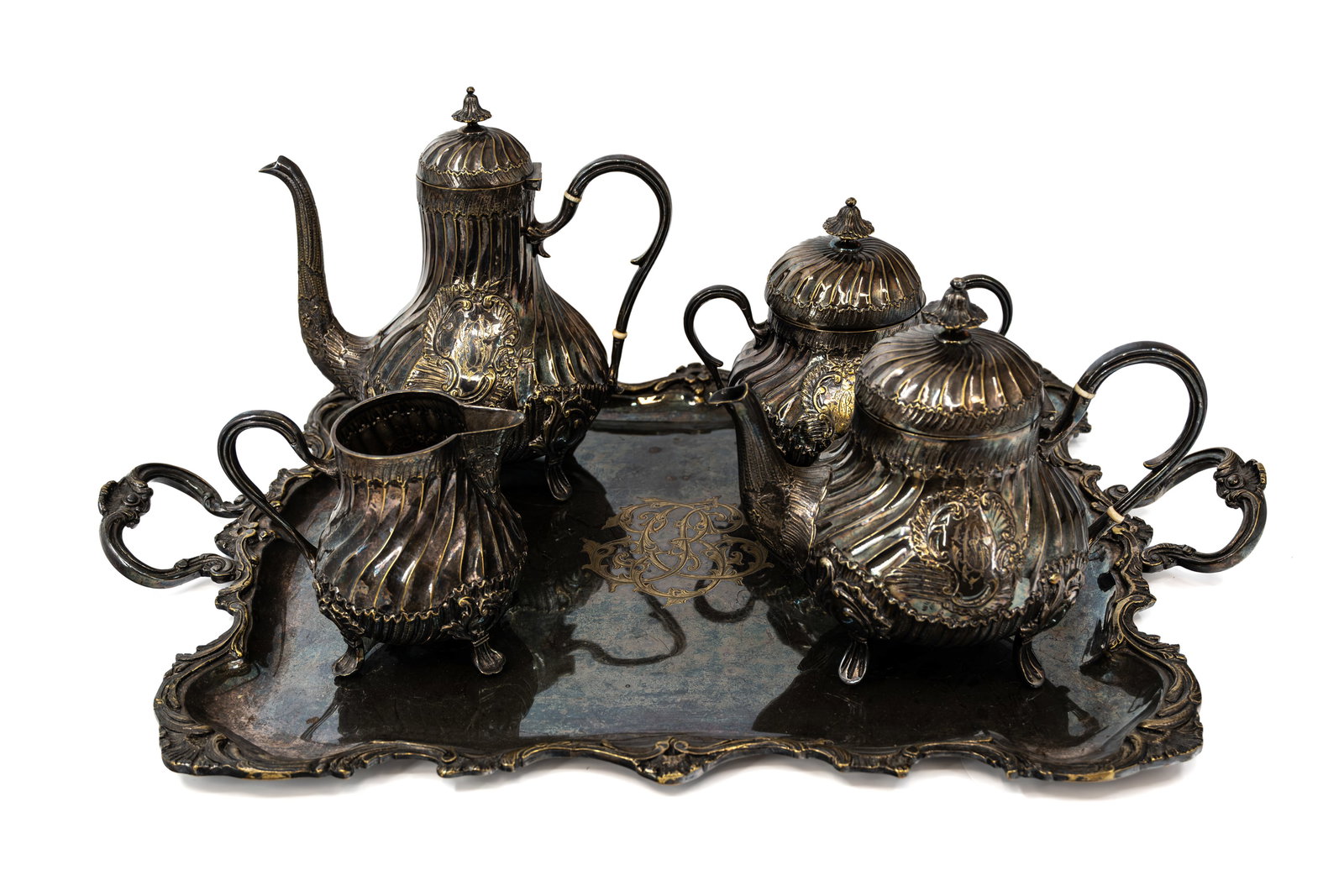 A large antique rococo style silver plated coffee and tea set with matching under plate (1 of 15)