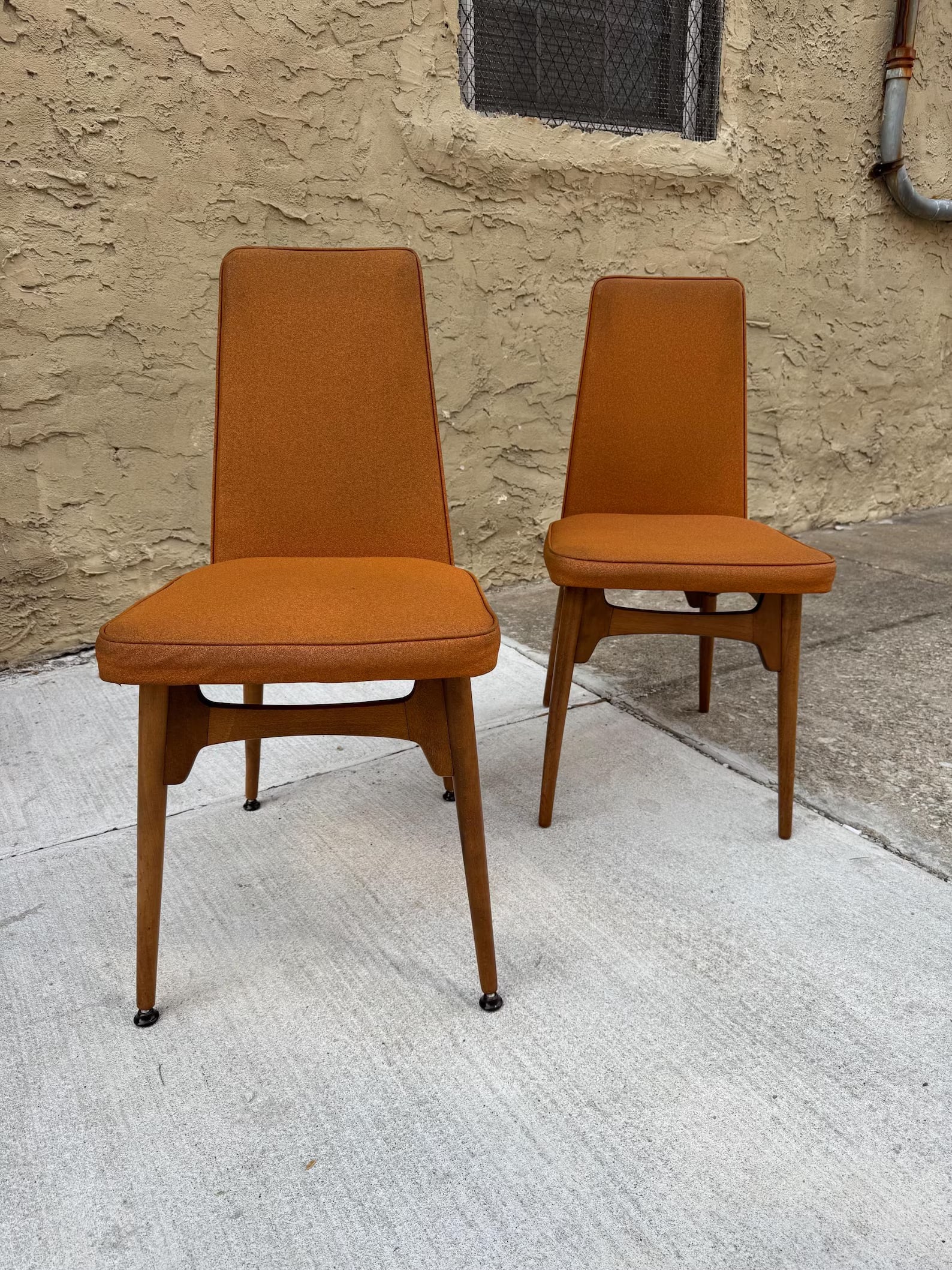 Mid Century Walnut Dining Chairs, Orange Vinyl, Pair (1 of 4)