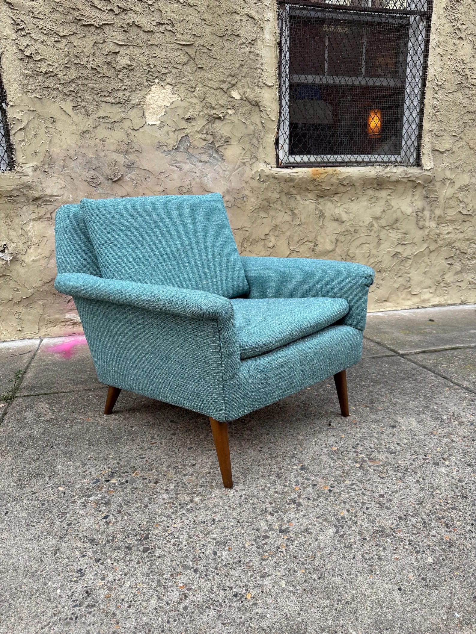 Dux Mid Century Modern Lounge Chair, Sculpted Scandinavian Frame: Refined mid-century Danish modern lounge chair by Dux featuring sculpted wood frame and original upholstery. Balanced proportions with strong Scandinavian modern design influence.