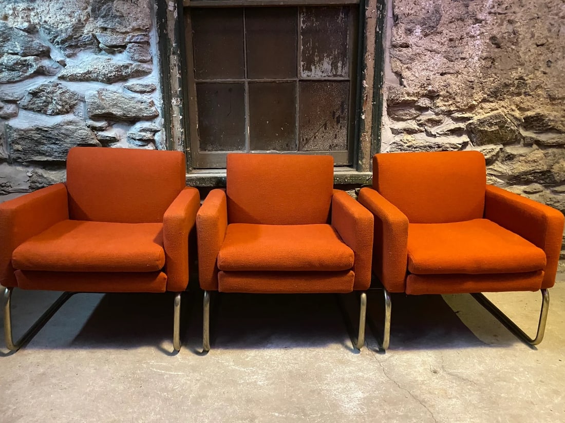 Mid Century Cantilever Dining Chairs, Orange Upholstery, Set of 3 (1 of 7)
