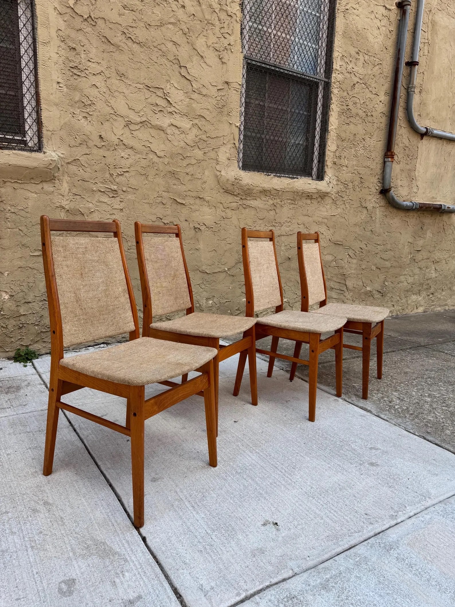 Danish Modern Teak Dining Chairs, Original Wool Upholstery, Set of 4: Set of four Danish modern dining chairs featuring solid teak frames and original wool upholstery. Clean Scandinavian design with warm materials and timeless proportions.
