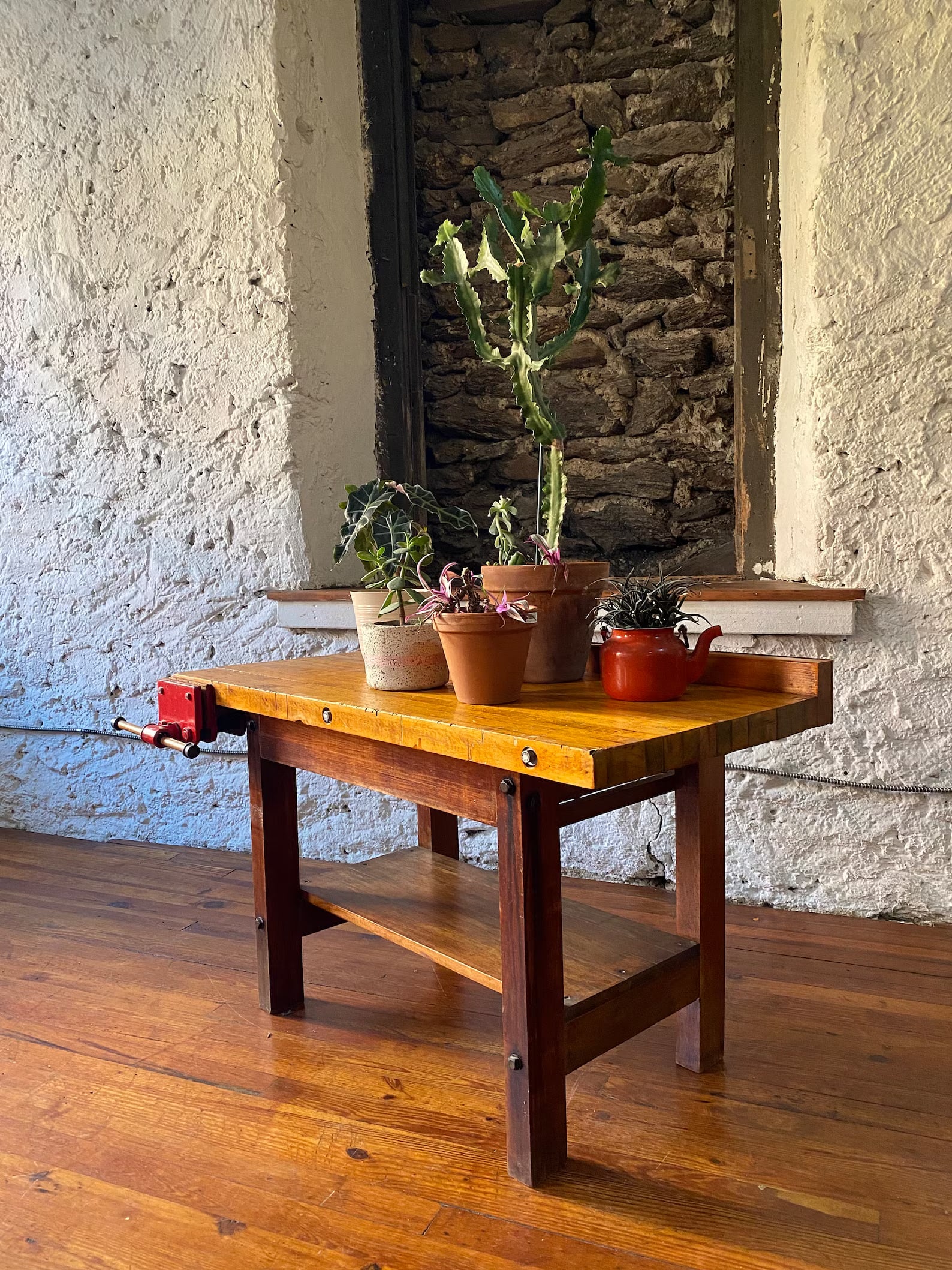 Industrial Butcher Block Workbench, Walnut Base with Red Vice (1 of 2)