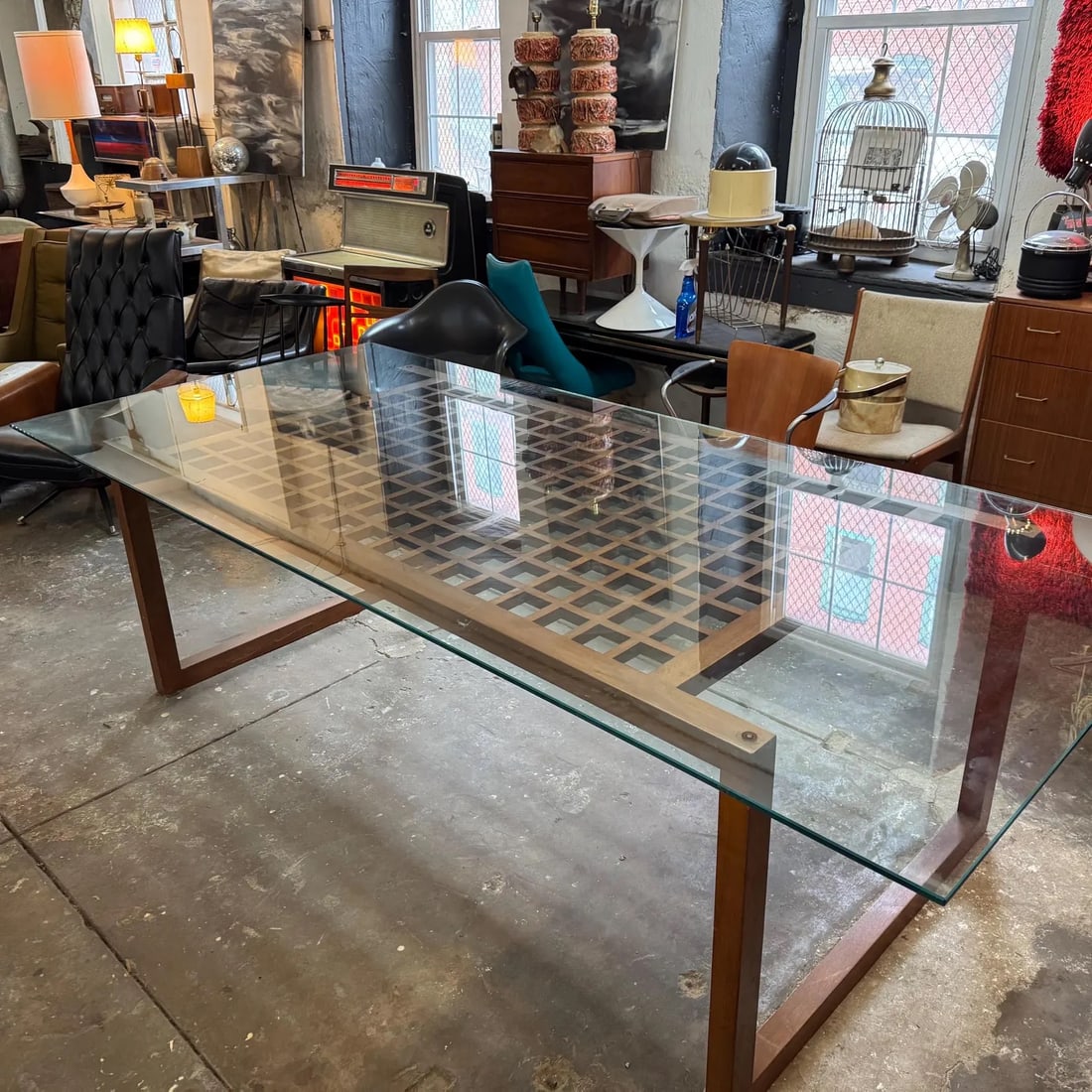 Danish Modern Glass Top Dining Table, Walnut Lattice Base (1 of 6)