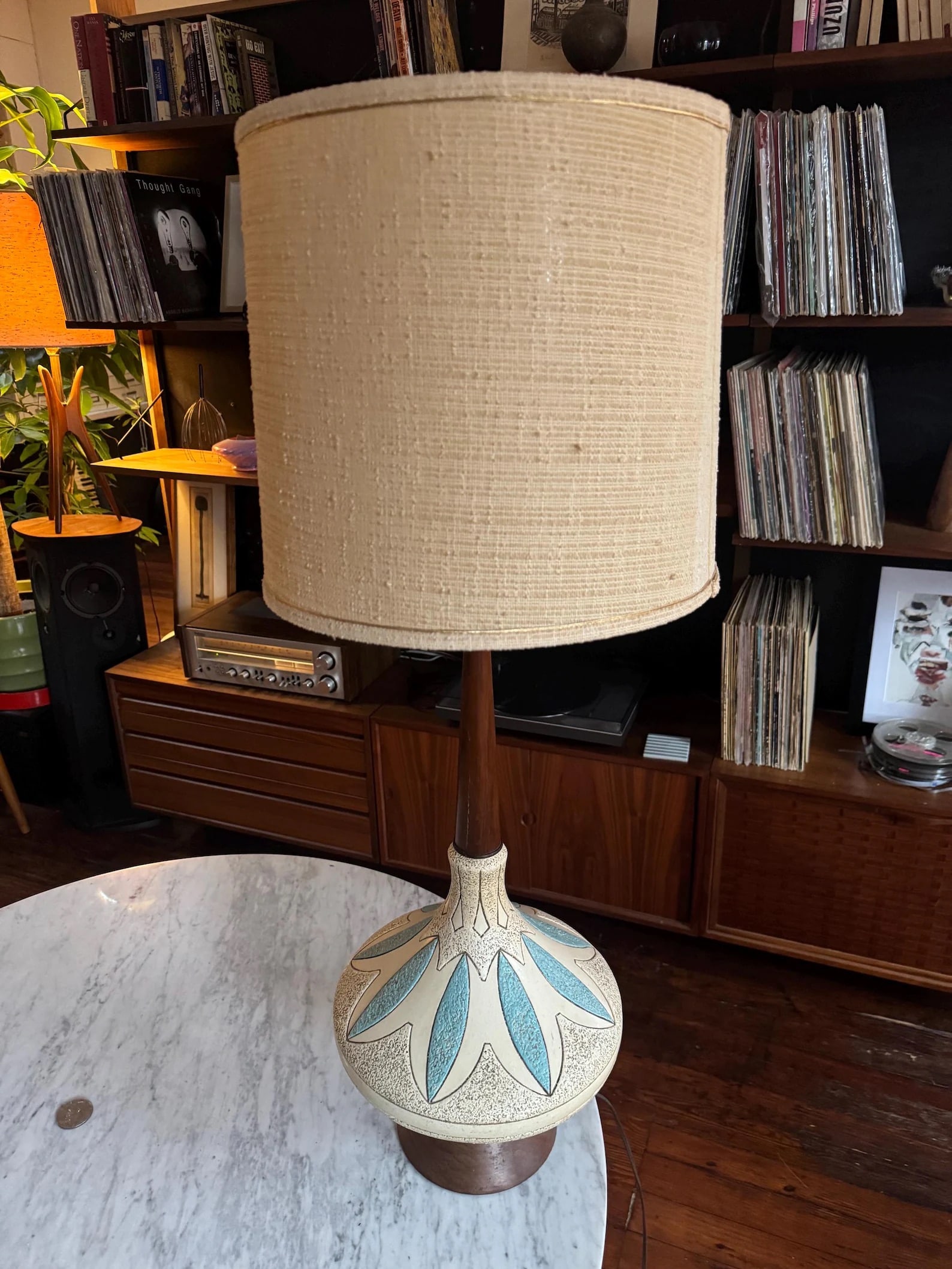 Mid Century Ceramic Table Lamp with Walnut Accents (1 of 4)
