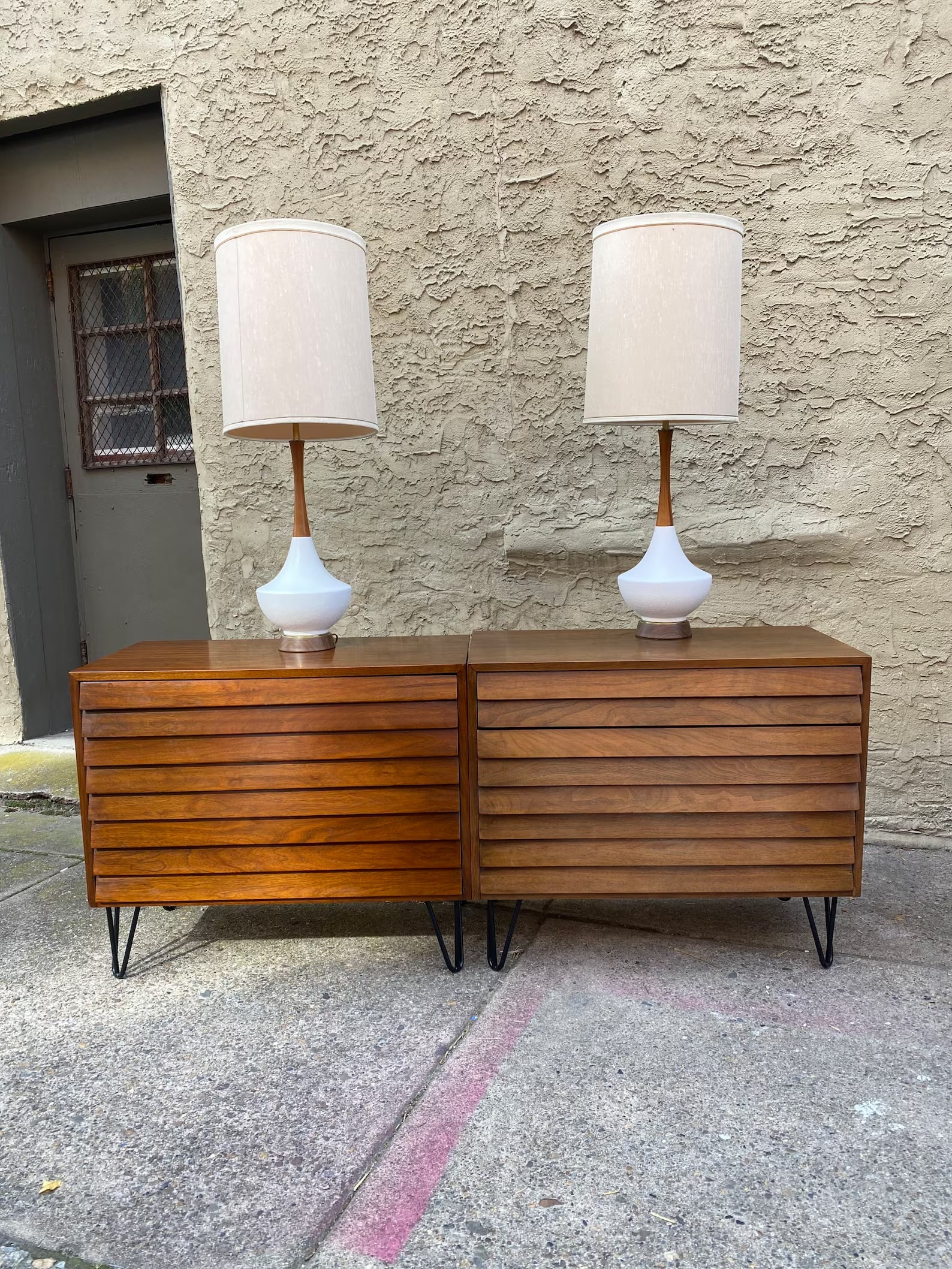 Pair of Mid Century Porcelain Table Lamps, Walnut & Brass Accents (1 of 3)
