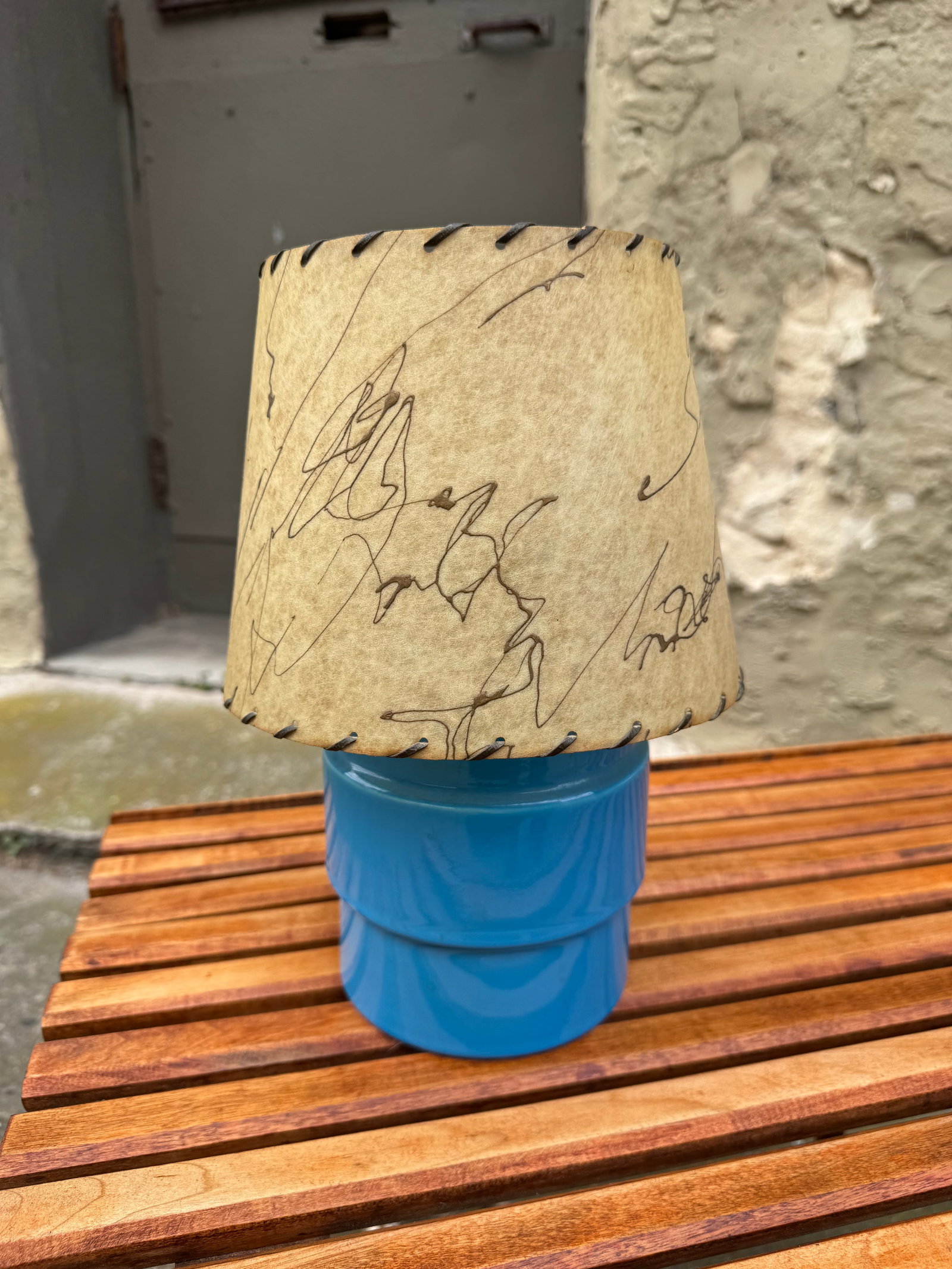 Vintage 1960s Mid-Century Modern Blue Ceramic Table Lamp, Inger Persson Style: Striking vintage mid-century modern table lamp featuring a bold electric blue glazed ceramic base in a sculptural tiered form, strongly influenced by Scandinavian designers such as Inger Persson. Pair