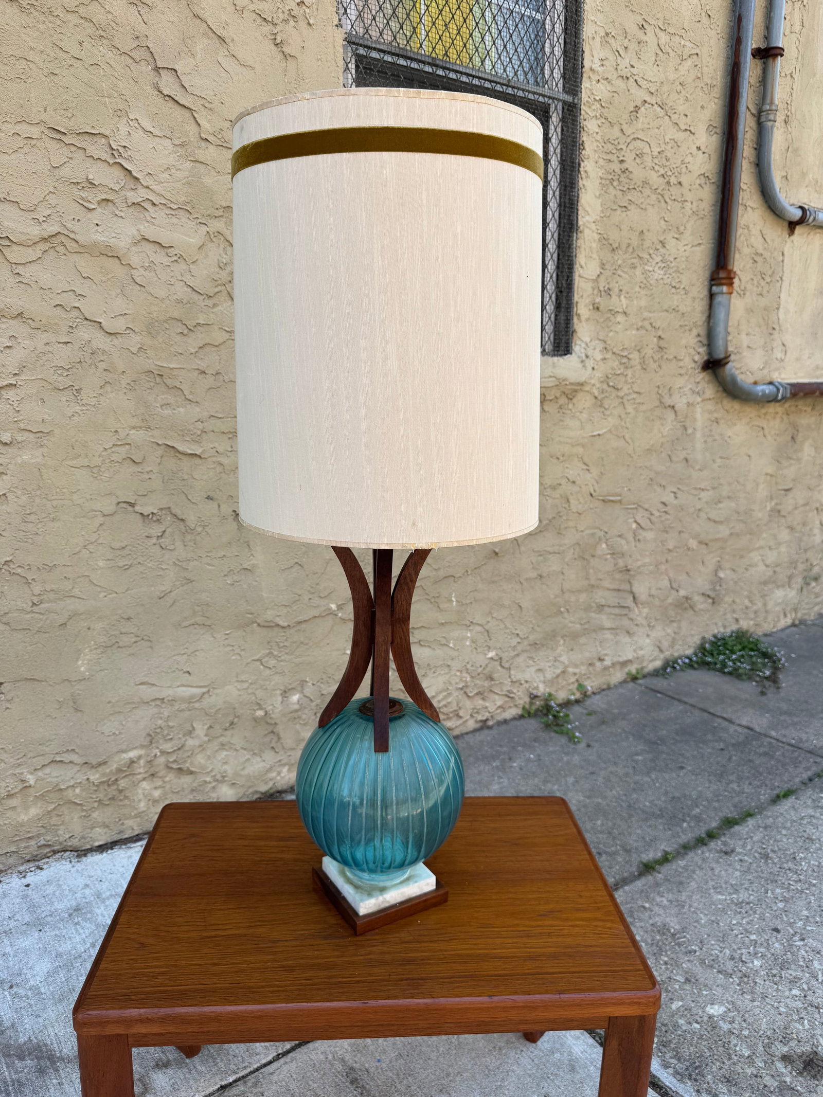 Vintage Mid-Century Modern Blue Ribbed Glass & Walnut Table Lamp with Marble Base (1 of 5)