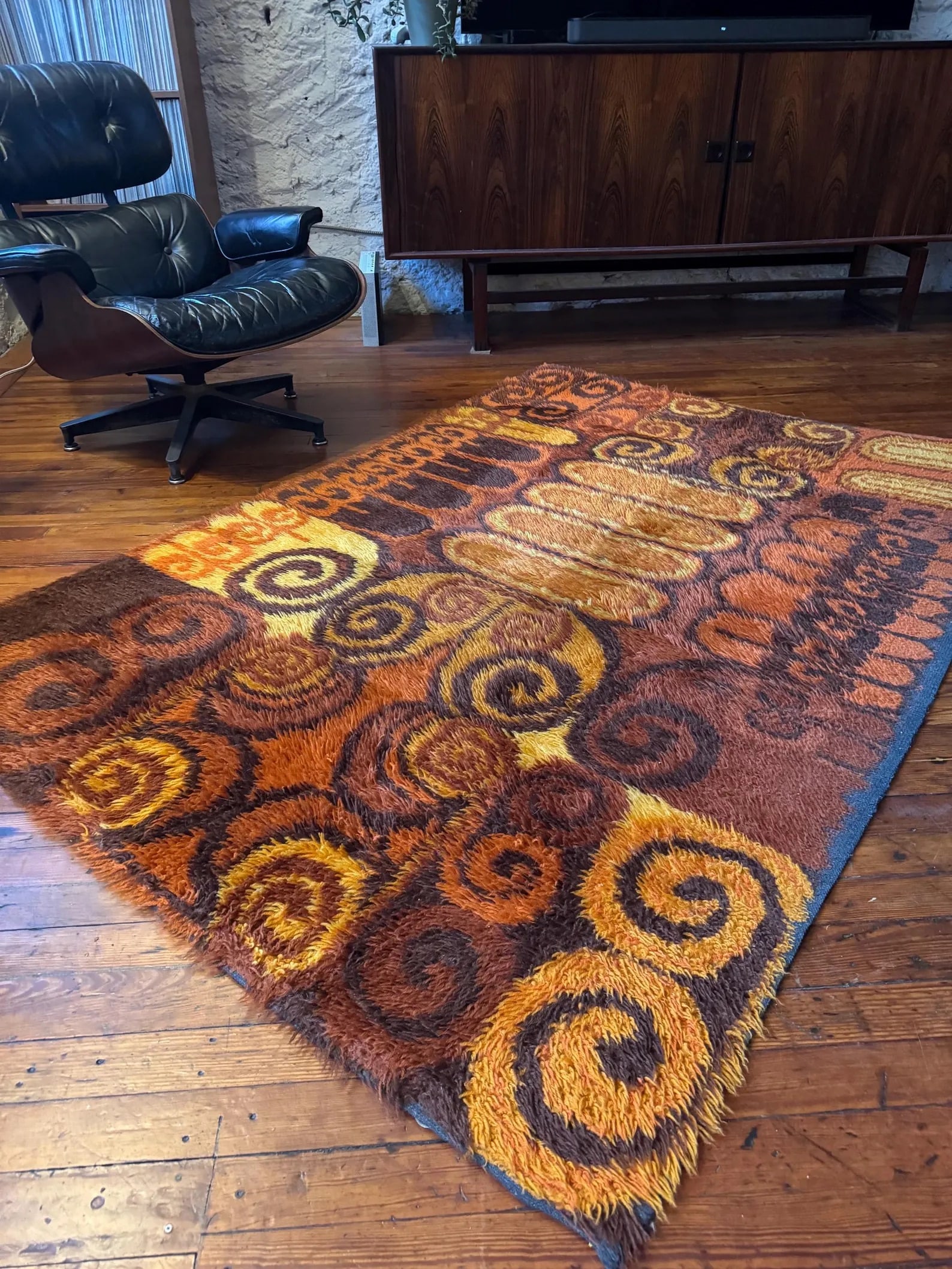 Mid Century Rya Shag Rug, Abstract High-Pile Textile (1 of 3)