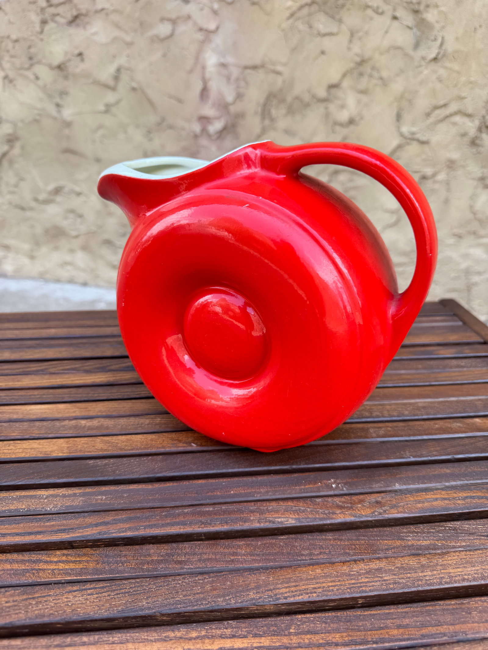 Vintage Hall Pottery Donut Pitcher in "Chinese Red" (1 of 3)