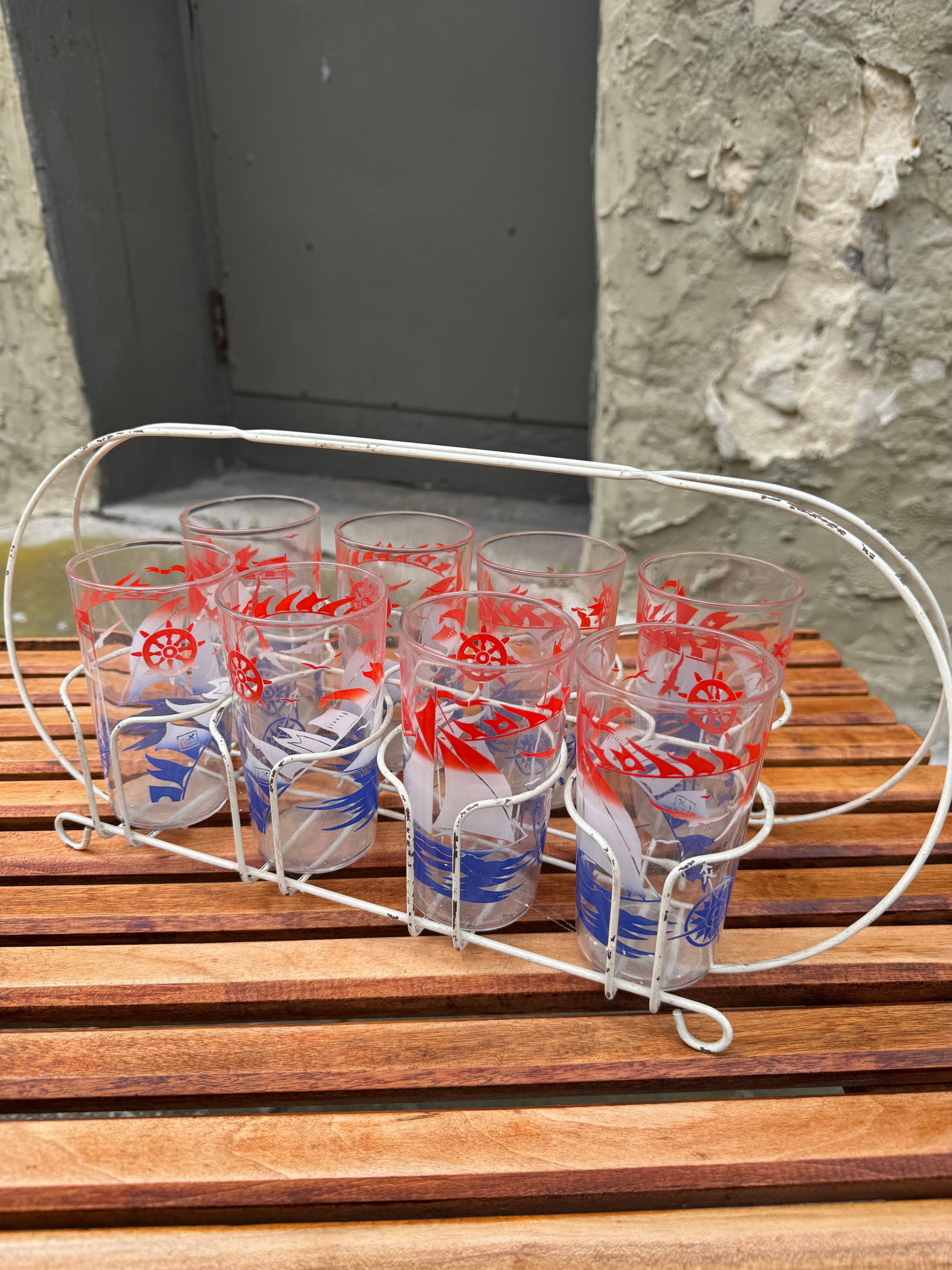 Vintage Mid-Century Modern Nautical Sailboat Glassware Set with Metal Caddy (8 Pieces) (1 of 3)