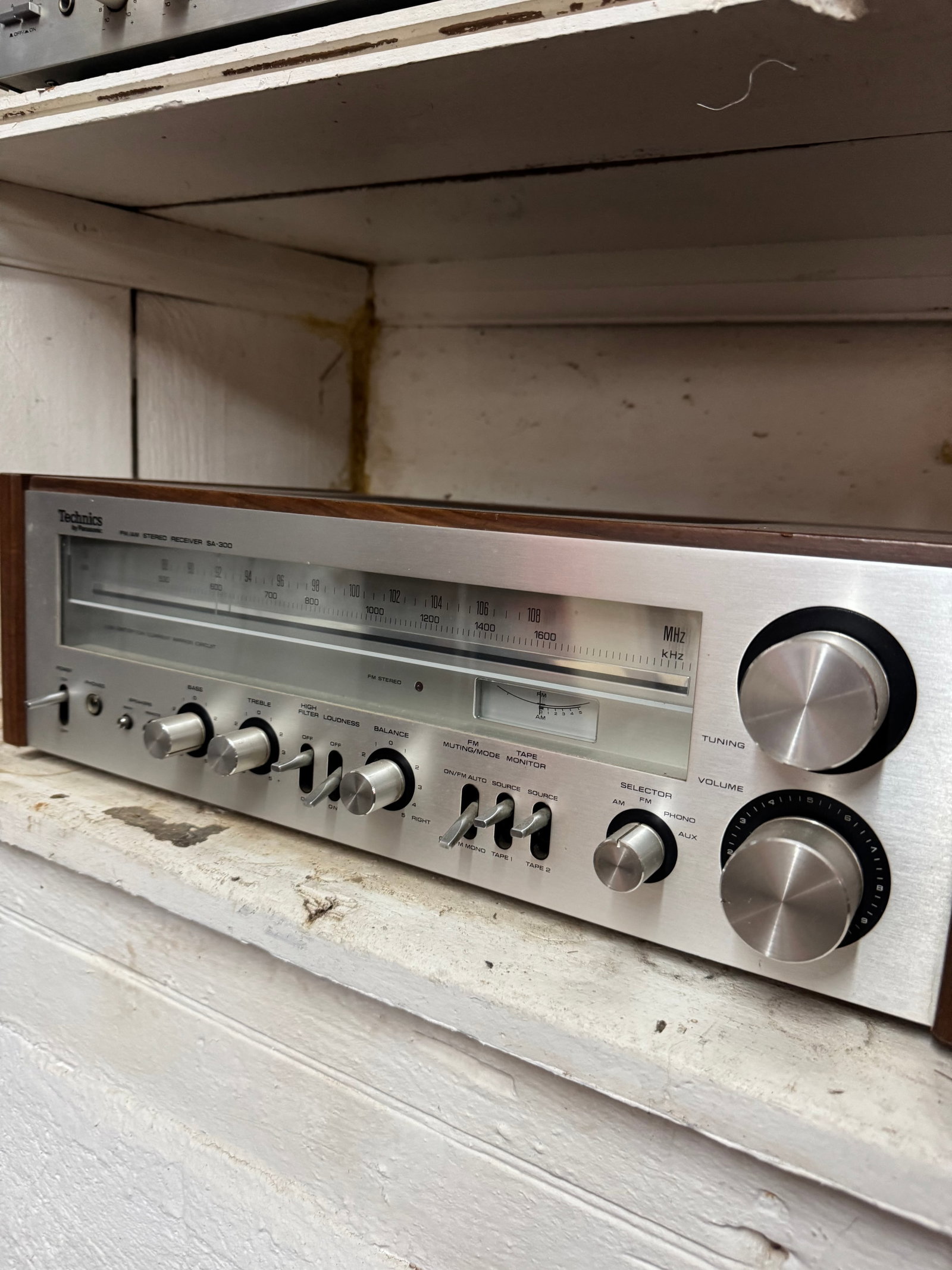 Vintage Technics SA-300 Stereo Receiver - 1978-80: Classic Technics SA-300 FM/AM stereo receiver from the late 1970s golden era of Japanese hi-fi, featuring a brushed silver faceplate, warm analog tuning meters, and built-in phono stage for vinyl play