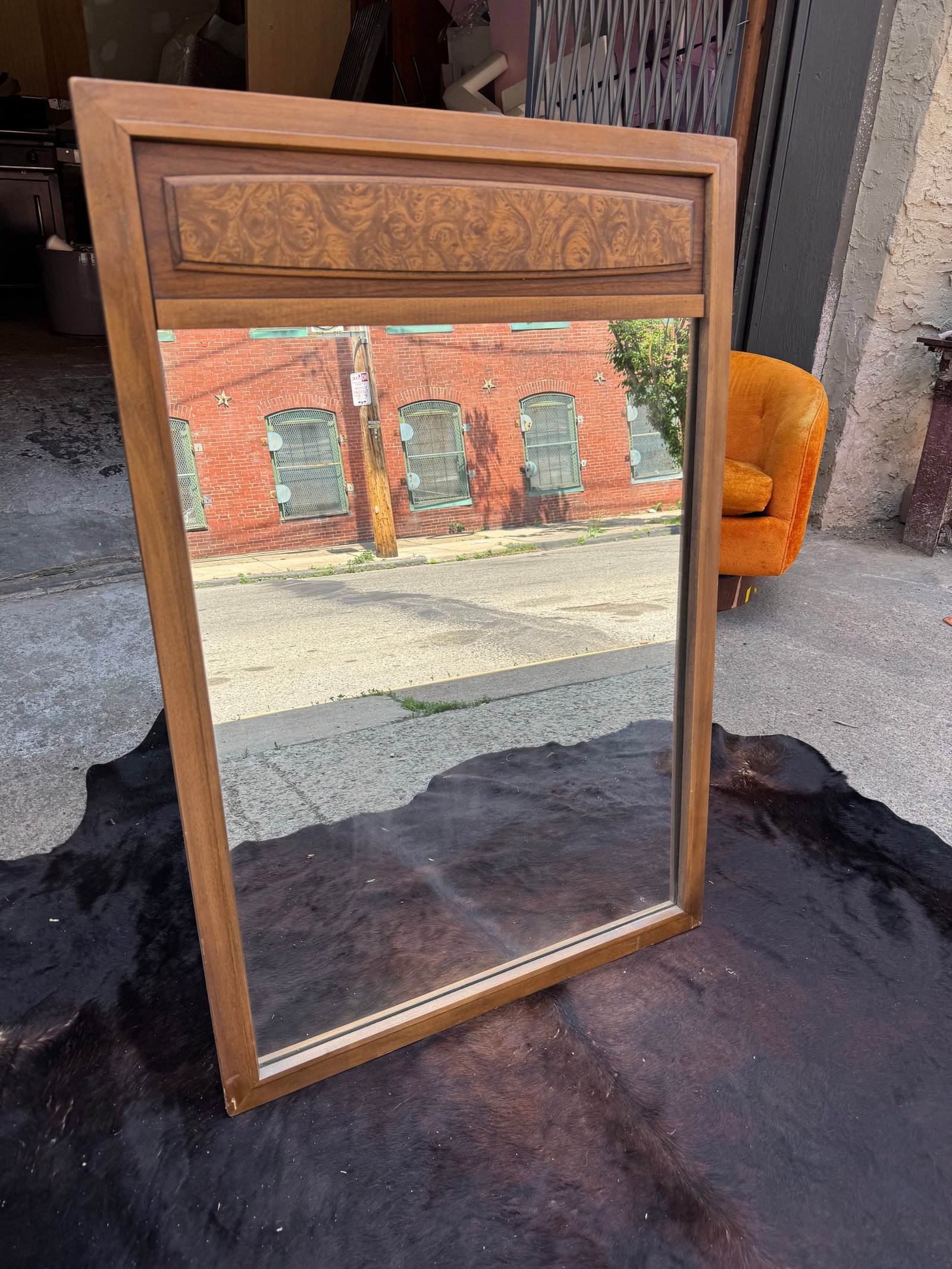 Vintage Mid-Century Modern Walnut Wall Mirror with Burl Wood Accent Panel (1 of 2)