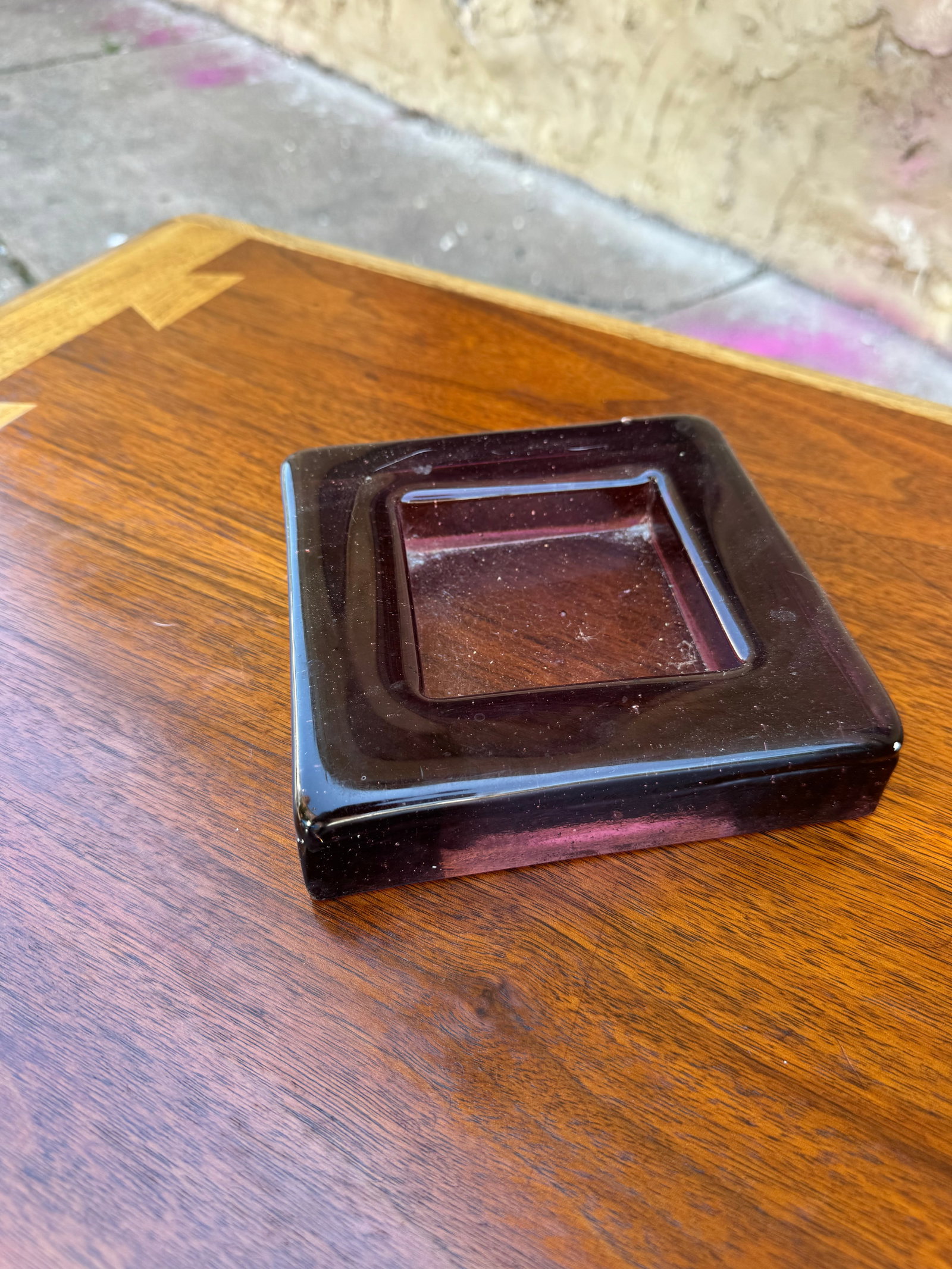 Vintage Amethyst Art Glass Square Candle Holder / Trinket Dish: Striking hand-blown art glass square vessel in a rich, deep amethyst purple that beautifully catches and diffuses light. Featuring a minimalist, slightly brutalist-inspired form with a recessed inner 