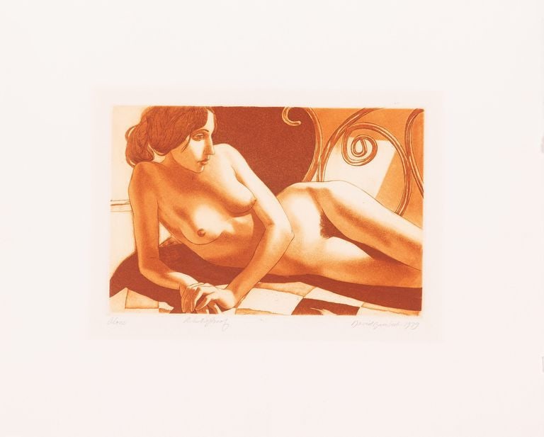 David Bumbeck (VT., 1940) Aquatint: David Bumbeck's elegant print featuries a reclined female nude. The subject's gaze is directed outside the frame, adding a sense of mystery and introspection to the composition. The background is ador