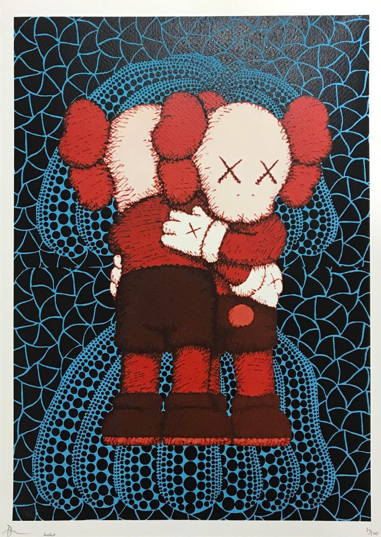 Death NYC Kusama x Kaws: This exceptional print, attributed to the celebrated contemporary artist Death NYC, exemplifies her profound engagement with contemporary societal and political narratives. Central to her artistic oeu