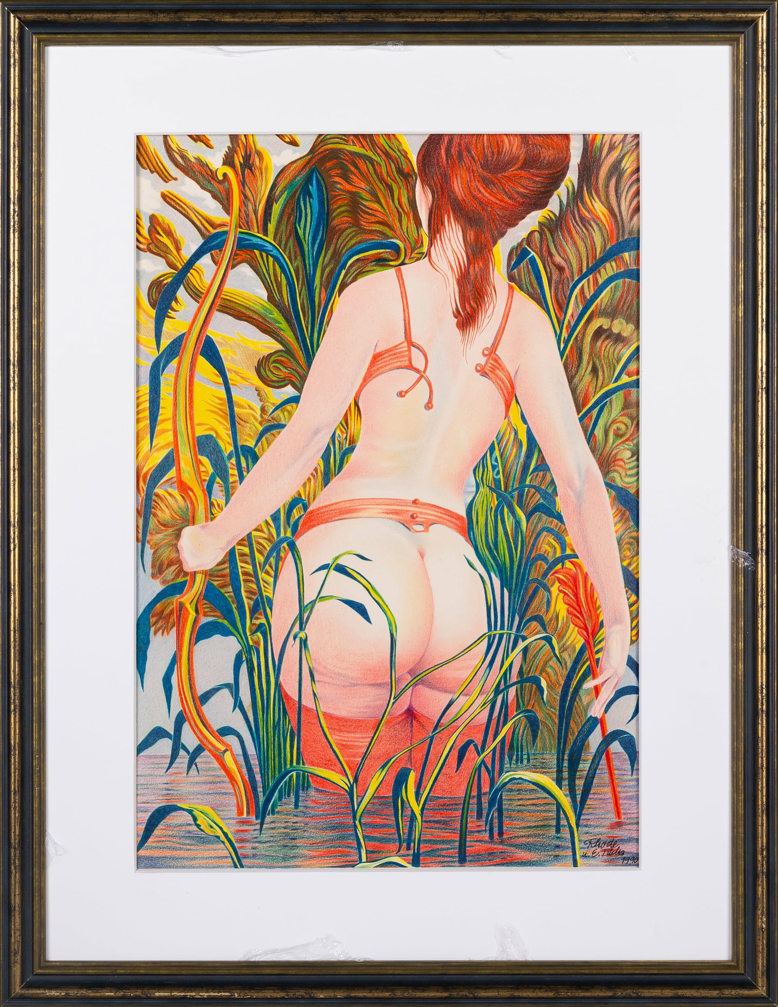 Franz Rhode, Erotic Composition: This evocative drawing by Franz Rhode depicts a female figure seen from the back, standing in a body of water surrounded by lush vegetation. The artist has used pencil to create a captivating and sens