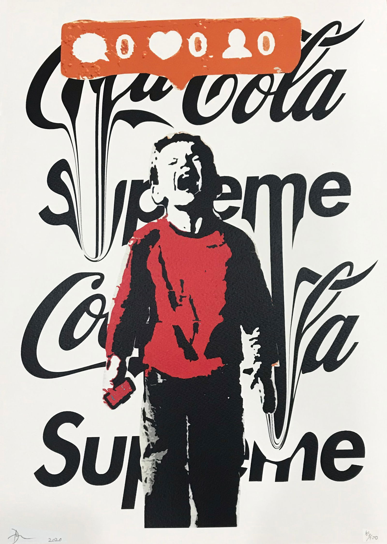 Death NYC Banksy x Coca-Cola x Supreme: Artist: Death NYC Date: 2020 Medium: Print Edition: 63/100 Dimensions: 17.7 x 12.6 inches, (45 x 32 cm) Condition Report: Good. Description: Uncover the compelling world of Death NYC, a renowned stree