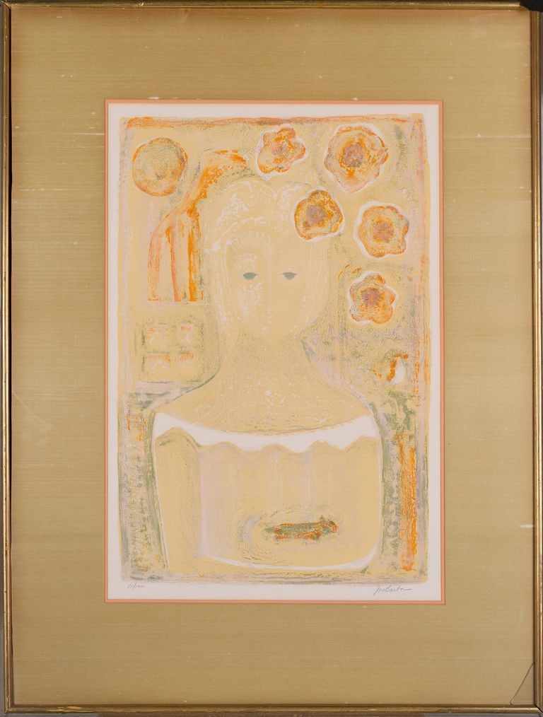 John Murray BARTON 'Muse' 81/100: The picture depicts a graceful and leisurely girl. The colour is mainly bright yellow. The picture is warm, quiet and peaceful.with a certificate of Authenticity by Philip Sterling attached on verso.