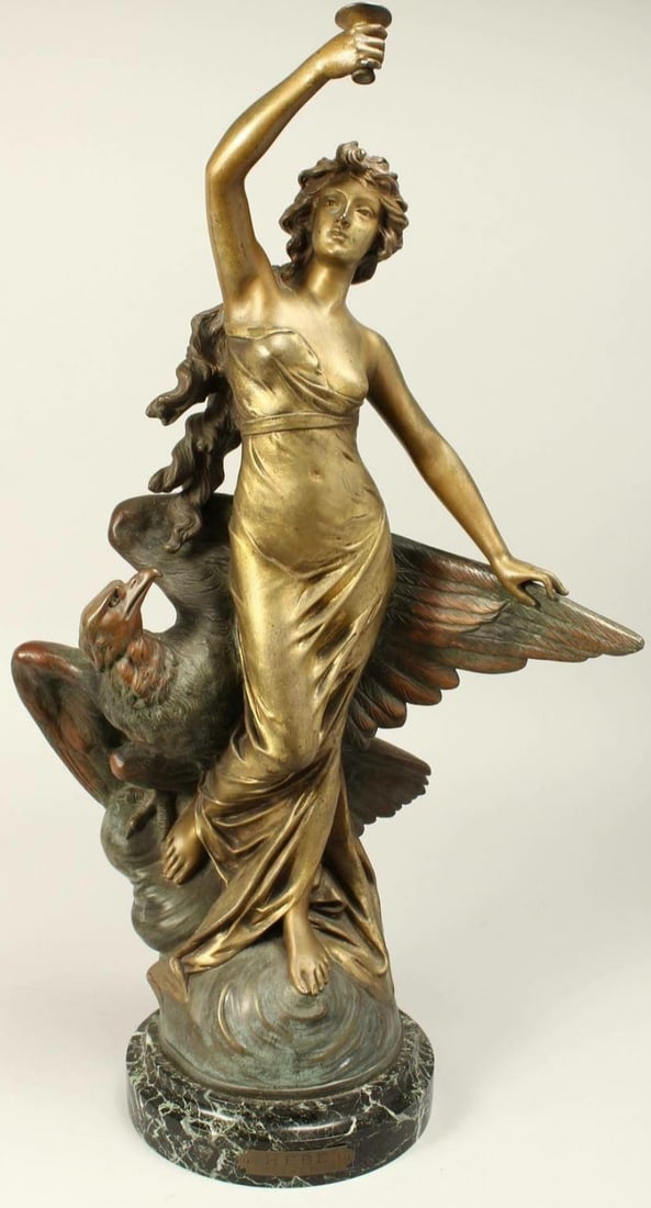 Edouard Drouot 'Hebe' 'Gilded Bronze Sculpture: Gilded Bronze Sculpture of Hebe by Edouard Drouot
Origin: France
Artist: Edouard Drouot (1859 - 1945)
Material: Gilt Bronze
Dimensions: Height: 24 inches
Description:
E. Drouot