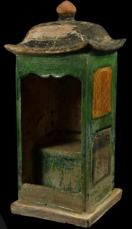 Chinese Ming Dynasty Glazed Ceramic Shrine: Ming Dynasty Ceramic Shrine
Origin: China (Ming Dynasty, 1368-1644 AD)
Material: Glazed Ceramic
Dimensions: Height: 32 cm (12 1/2 inches) Description:
Transport yourself back 