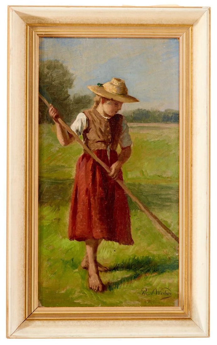 Paul Weber "Dirndl with straw hat": "Dirndl with Straw Hat" by Paul Weber is a captivating vertical composition that portrays a young girl in a pastoral setting. The artwork captures a serene moment in a sunny field, where the girl, bar