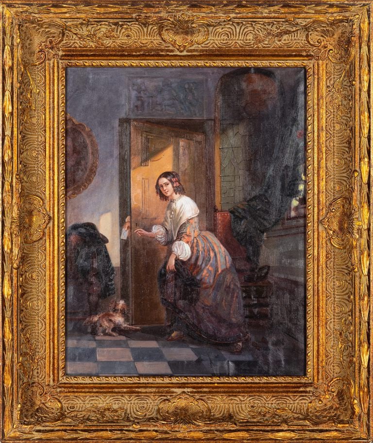 DE COENE JEAN HENRI (1798-1866) 'The Messenger': Artist: Jean Henri De Coene (1798-1866)
Title: The Messenger
Medium: Oil on Panel
Dimensions: 59 x 46 cm
Inscription/Signature: Signed
Condition: Overall Good Description: