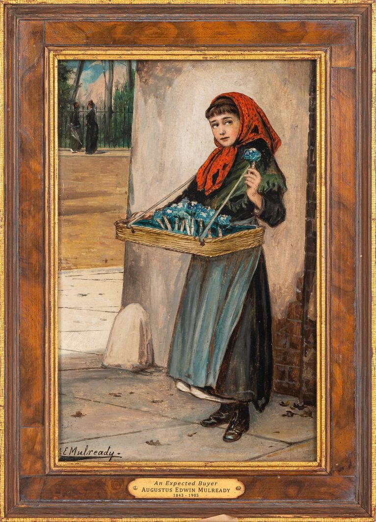 Augustus Edwin Mulready (British 1844-1905), 'An Eye to an Expected Buyer': Title: An Eye to an Expected Buyer Artist: Augustus Edwin Mulready (1844–1905) Medium: Oil on board Dimensions: 22.5 x 14.5 cm Condition Report: Overall good condition Signature: Signed lower ri