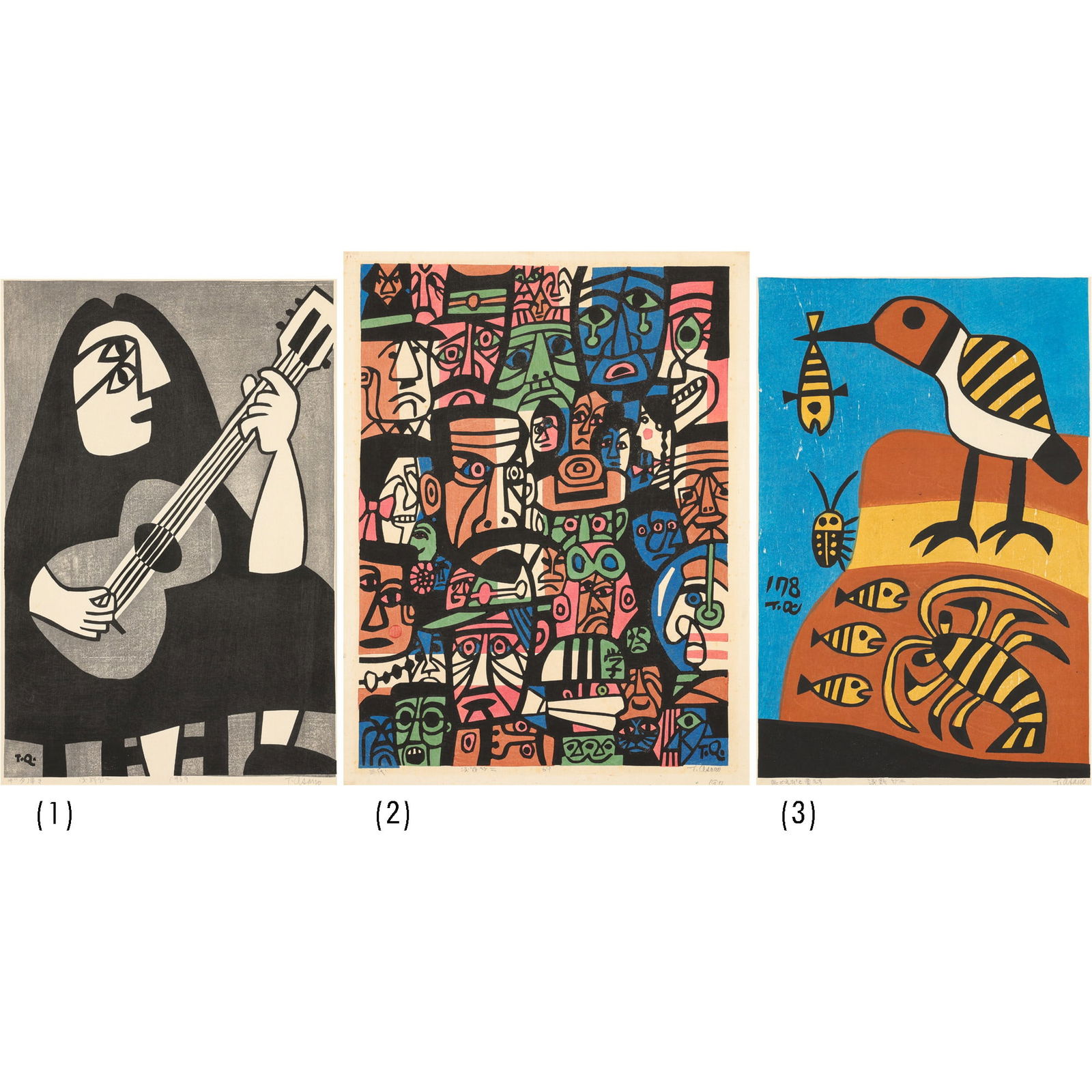 WOODBLOCK PRINTS OF 3 (1) PLAYING A GUITAR (2) THIRD GENERATION (3) BIRD AND SHRIMP AND FISHES by (1 of 4)
