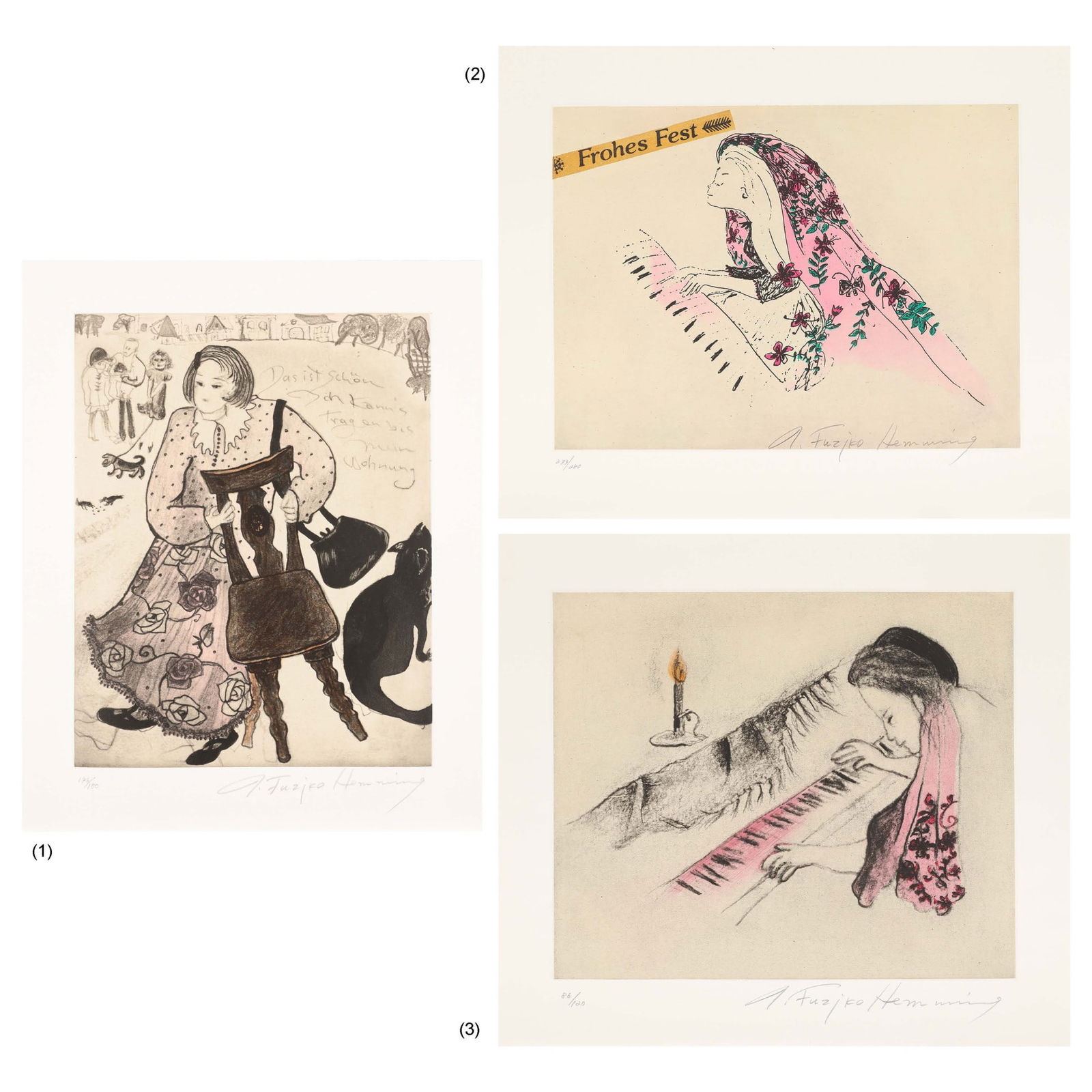 (1) ROADSIDE CHAIR (2) WEDDING - GIRL PLAYING ORGAN (3) PIANO PRACTICE - AT NIGHT: Ingrid Fuzjko Hemming(1) ROADSIDE CHAIR (2) WEDDING - GIRL PLAYING ORGAN (3) PIANO PRACTICE - AT NIGHTetchingsigned and numbered on the margin etc.(1)sheet size : 53.9~43.5 cm image size : 43.0~34.0 c