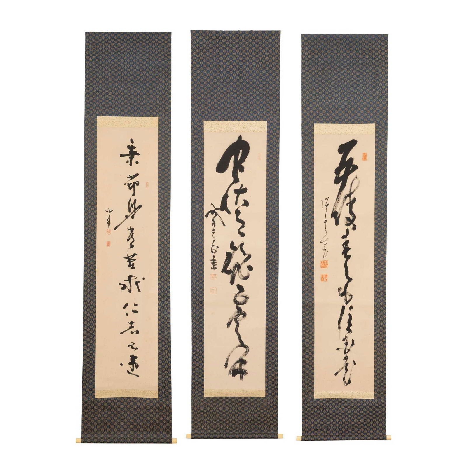 SET OF THREE CALLIGRAPHY SCROLLS IN CURSIVE SCRIPT BY THE THREE HEROES OF THE MEIJI RESTORATION: KASTU Kaishu, YAMAOKA Tesshu, TAKAHASHI Deishu - each signed and stamped on the left; stamped on the upper rightscrolled 134.5~32.5 cm