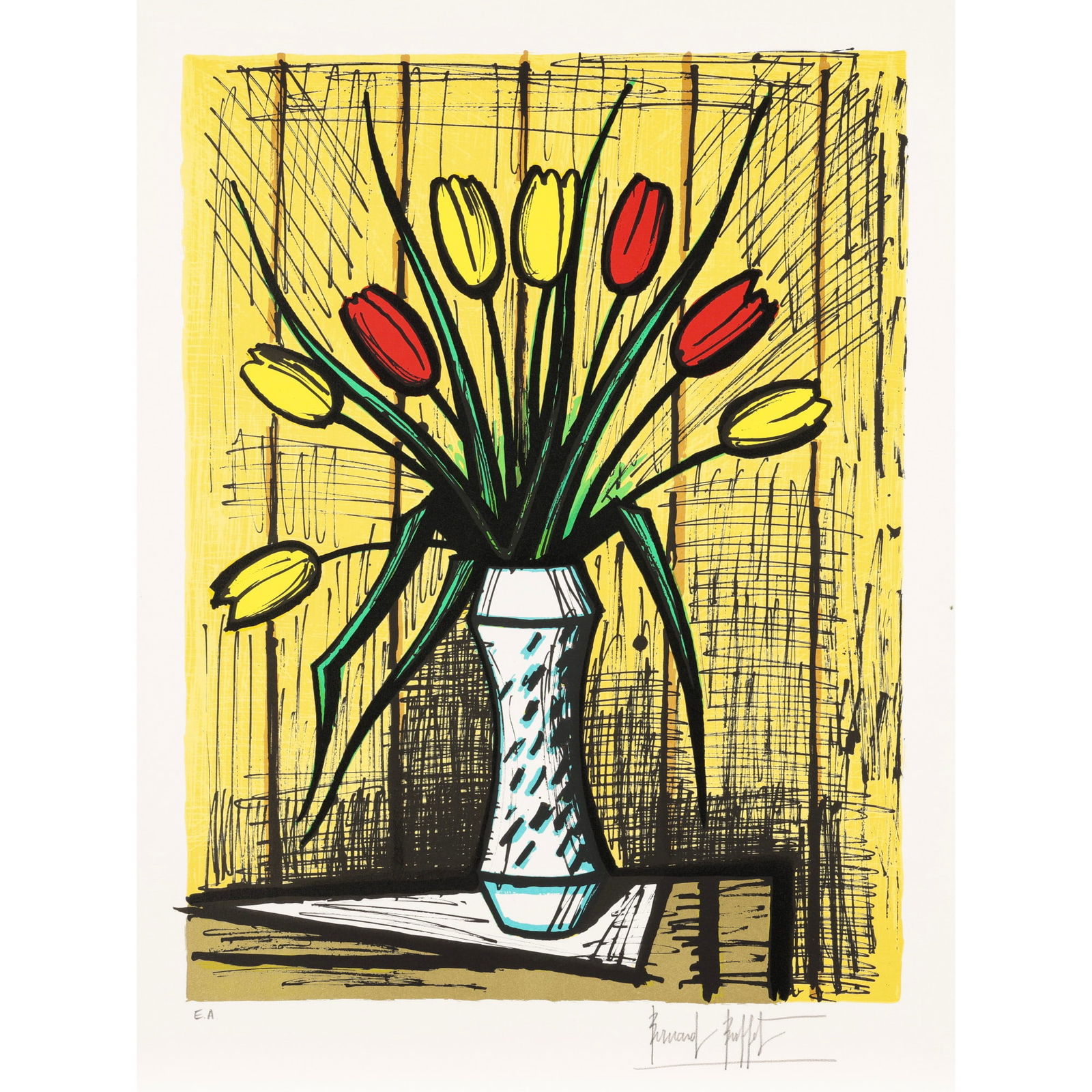 YELLOW AND RED TULIPS: Bernard BUFFET - signed and inscribed "E.A." on the marginframeded. E.A. sheet size : 57.4~76.2 cm image size : 65.6~51.1 cm