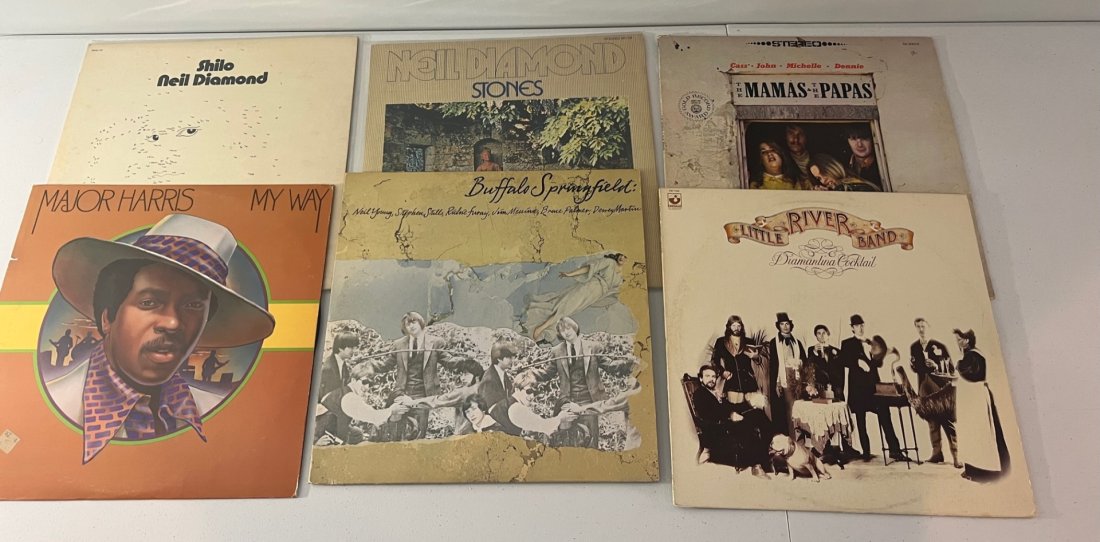 6 VINYL RECORDS: 6 vinyl Records. The Mamas and The Papas, Neil Diamond, Buffalo Springfield and Major Harris.