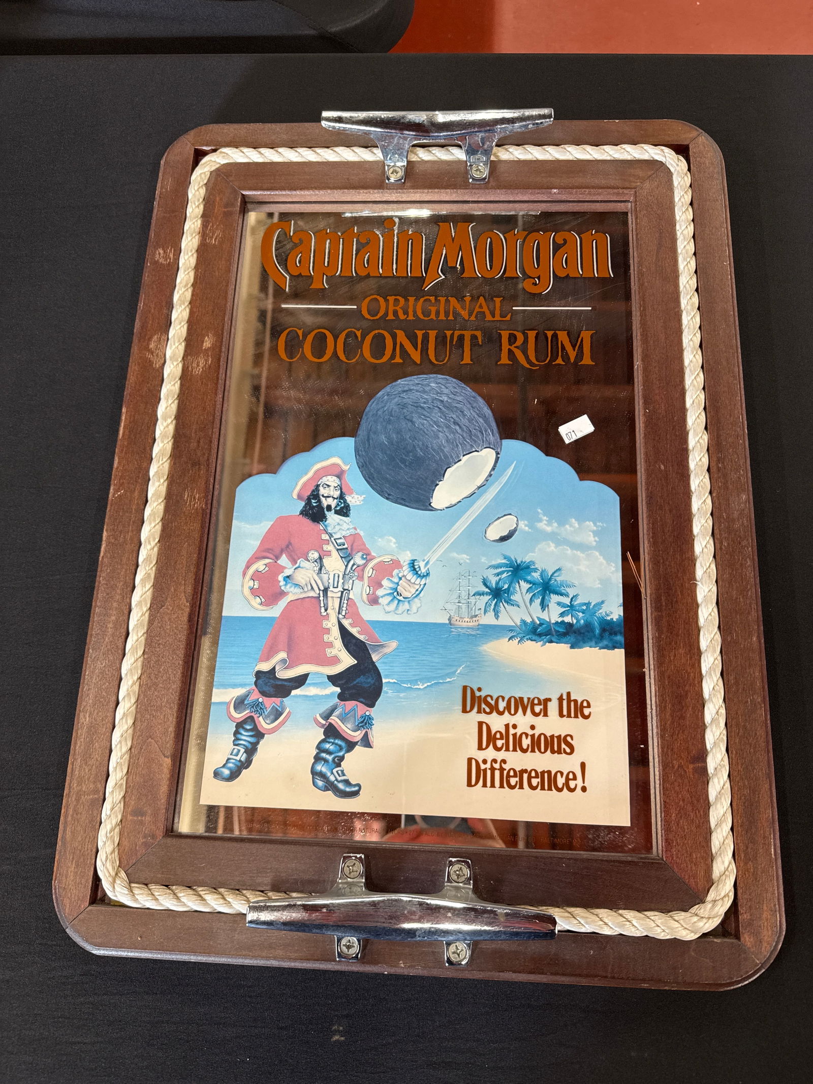 VINTAGE CAPTAIN MORGAN MIRROR BAR SIGN TRAY: Approximately 21.5x15.5 inches. Original Coconut rum advertising sign.