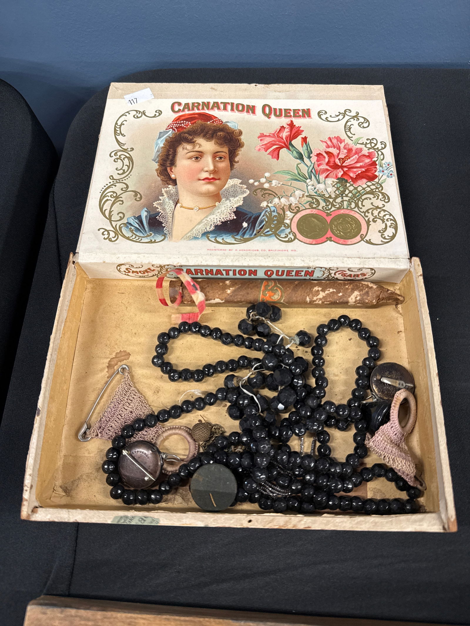 CARNATION QUEEN CIGAR BOX AND ITEMS: Carnation Queen Cigar Box and Items.