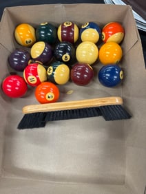 VINTAGE POOL BALLS AND BRUSH