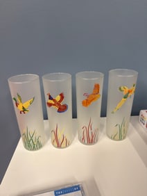 4 VINTAGE FROSTED TOM COLLINS HIGHBALL GAME BIRD GLASSES BY LIBBEY