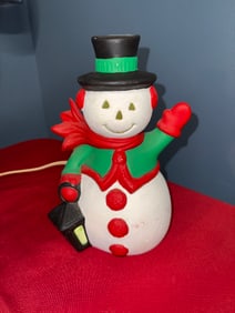 SMALL CERAMIC LIGHTED SNOWMAN