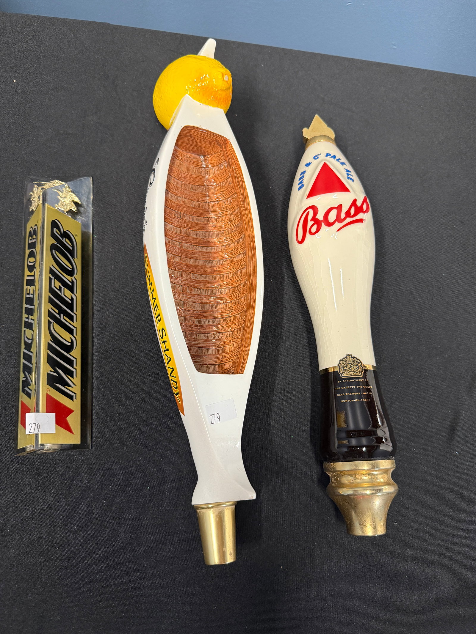 3X BEER TAPS: 3 Beer Taps. 1X Michelob, 1X Leinenkugel Summer Shandy Canoe, 1 X Bass.
