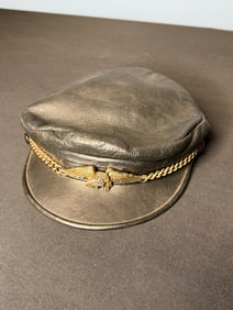VINTAGE LEATHER BIKER CAP WITH CHAIN AND EAGLE