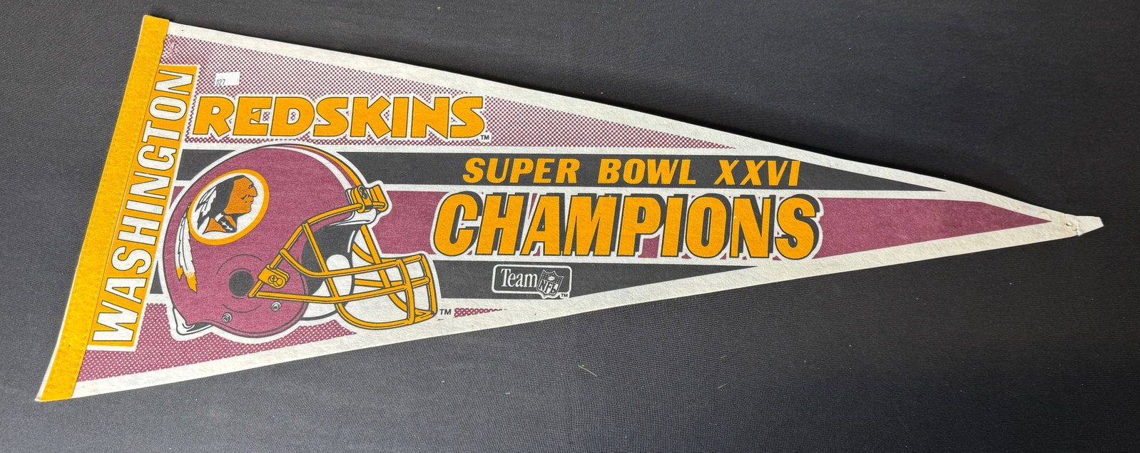 VINTAGE WASHINGTON REDSKINS SUPERBOWL PENNANT: Super bowl champion pennant for the Washingon Redskins. Long before they were the Washington Commanders.