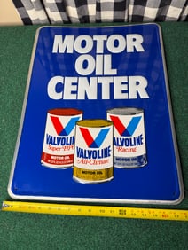 VALVOLINE MOTOR OIL CENTER EMBOSSED METAL SIGN - GAS STATION - AUTO BODY