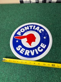 Pontiac Authorized Service 12 inch round metal sign.