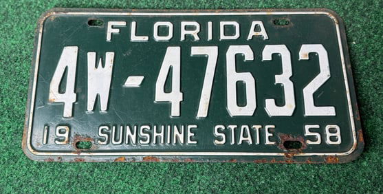 1 X Vintage 1958 Florida Sunshine State License Plate