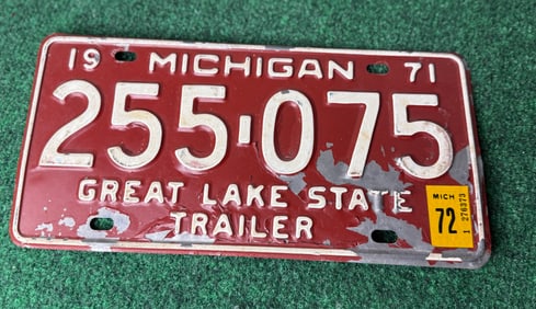 1 X 1971 Michigan Great Lake State Trailer License Plate